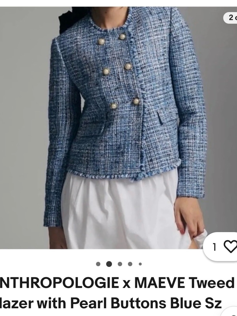 Anthropologie X Maeve tweed blazer with pearl buttons
